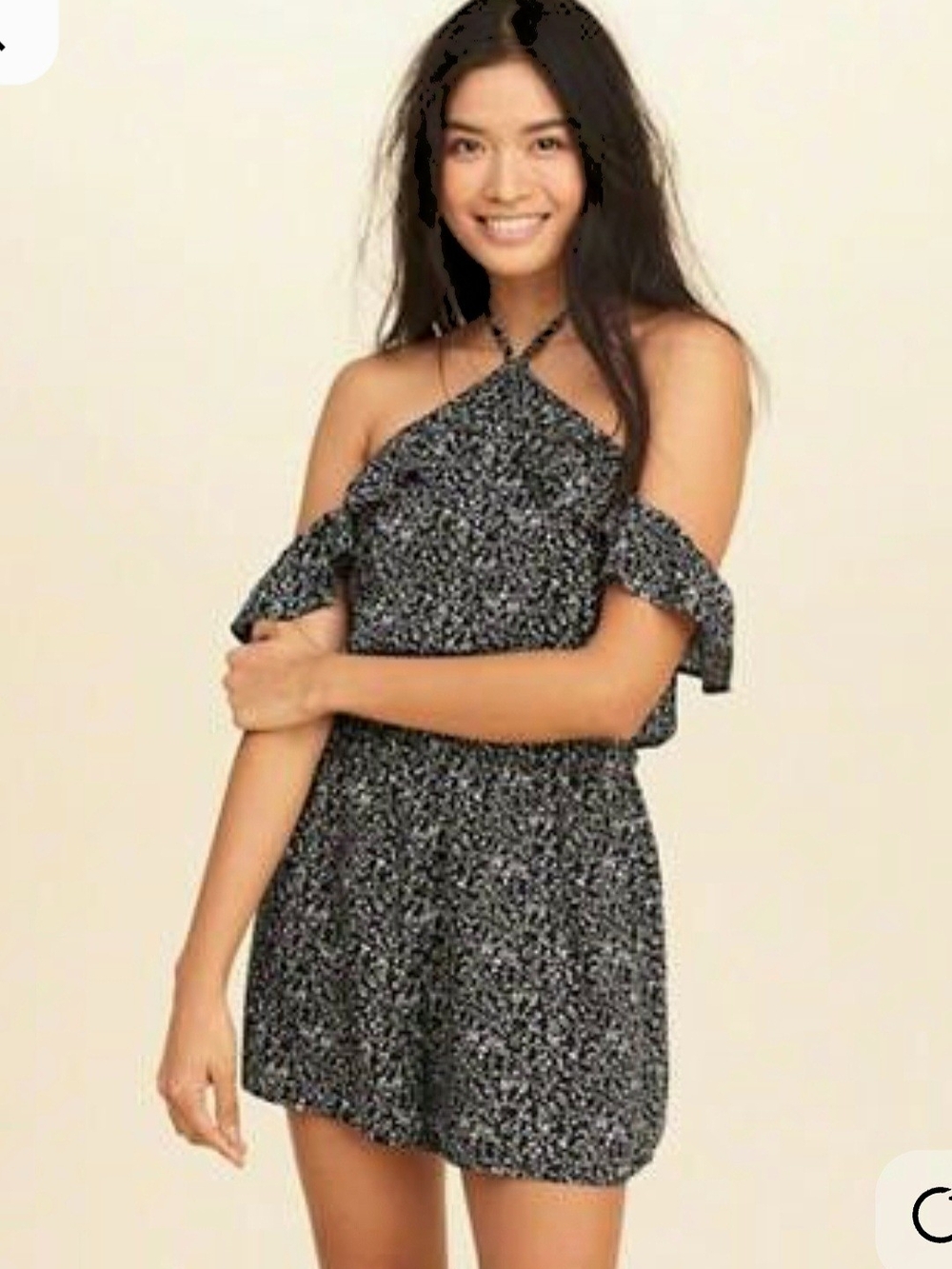Hollister Black & White Printed Cold-Shoulder Romper